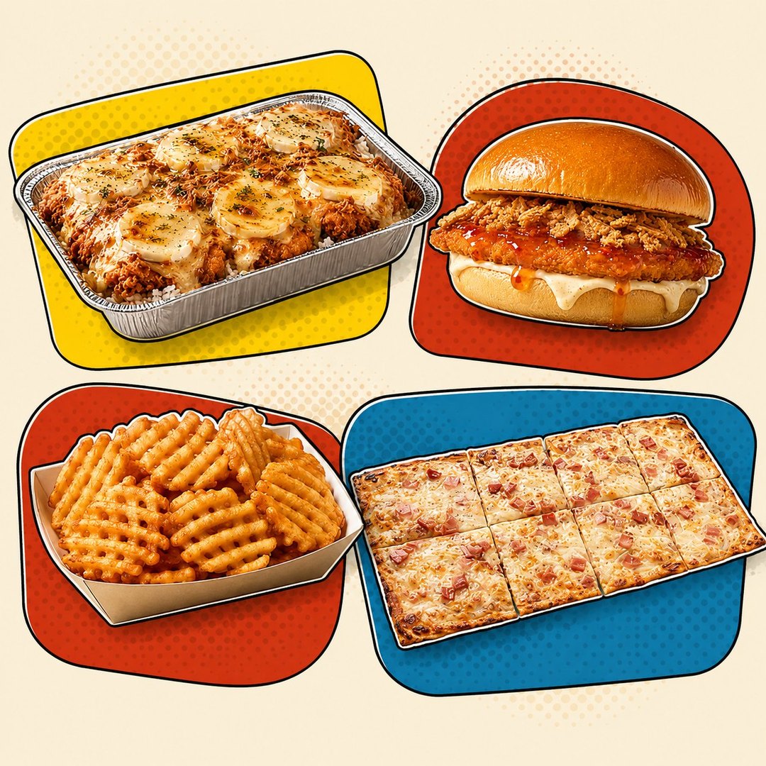 Riz Crousty gratiné, burger croustillant, frites gaufrettes et tarte flambée Captain Crousty